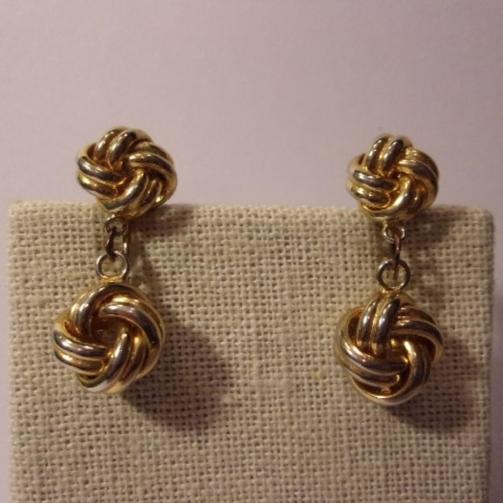 "Vtg Love Knot Gold Tone Dangle Clip Earrings "
